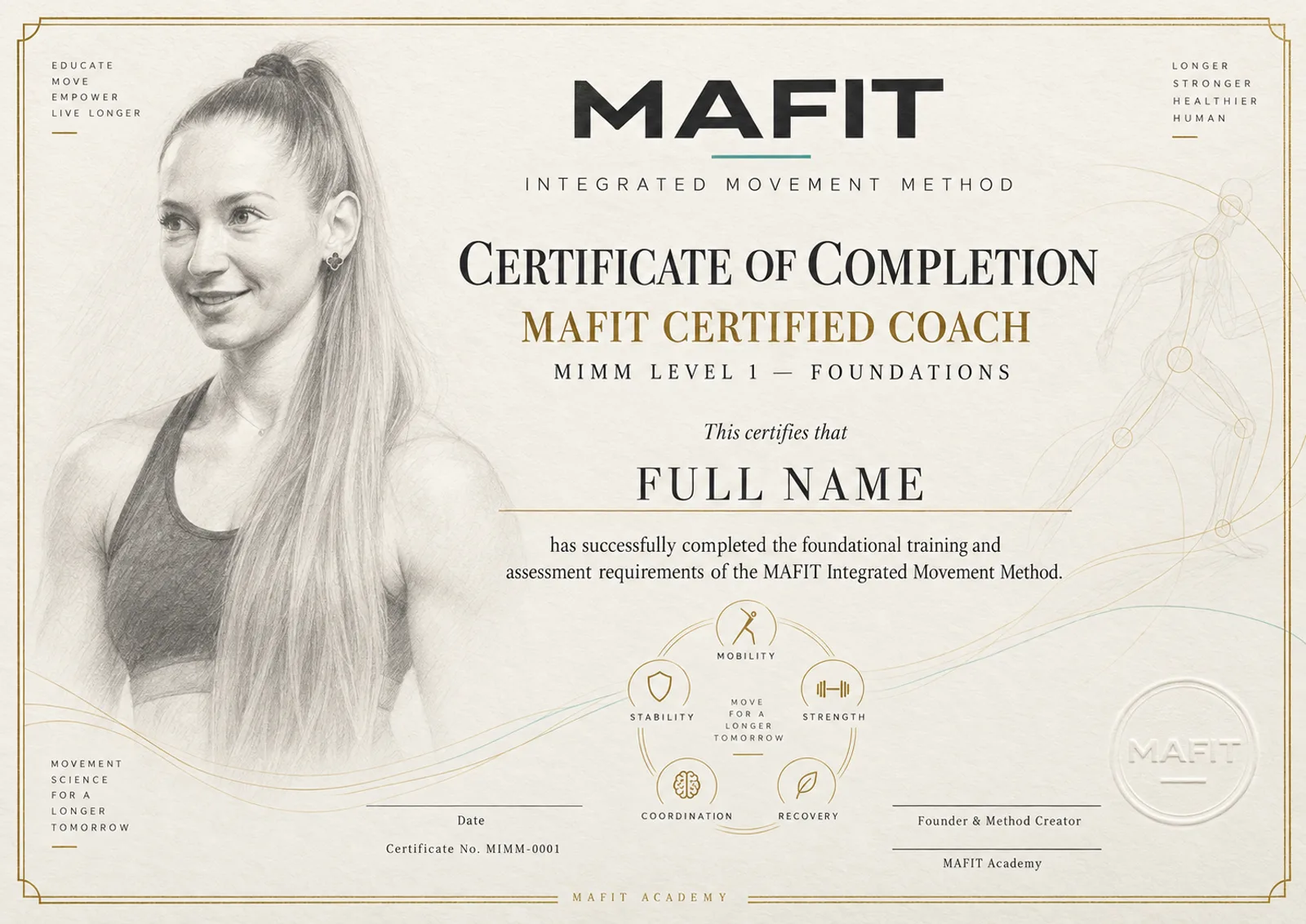 Сертификат MAFIT Certified Coach — MIMM Level 1 Foundations, светлый бумажный бланк с карандашным портретом и золотыми линиями