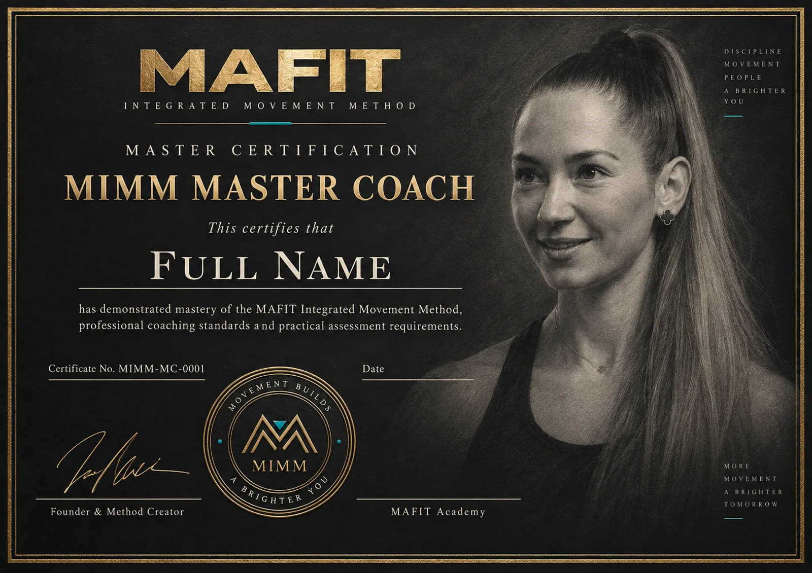 Сертификат MIMM Master Coach — тёмный бланк с золотой рамкой, эмблемой MIMM и карандашным портретом