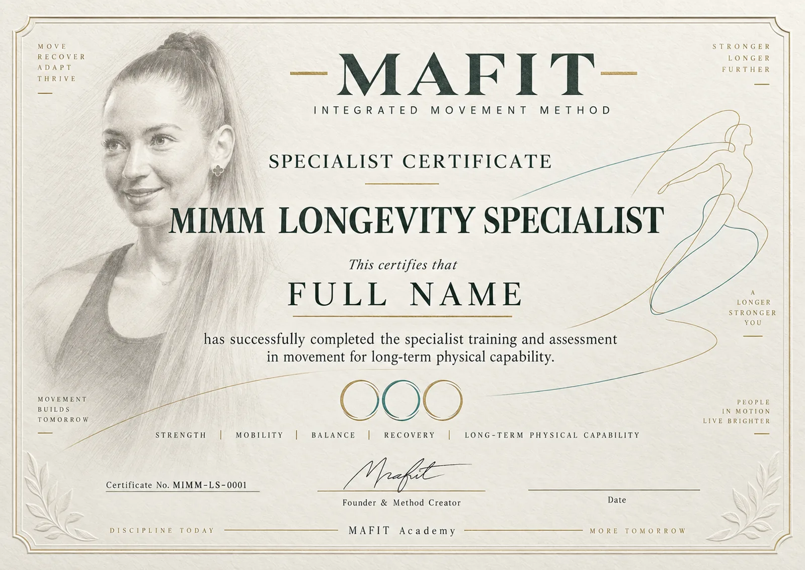 Сертификат MIMM Longevity Specialist — бланк цвета натуральной бумаги с линиями движения и карандашным портретом